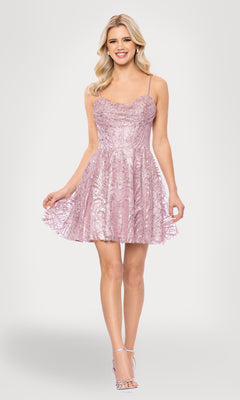 A woman poses against a plain background in the Cowl-Neck Short Hoco Dress by Blondie Nites 5713BN—a junior-size, light pink, sequin A-line party dress with spaghetti straps—paired with silver high-heeled sandals.