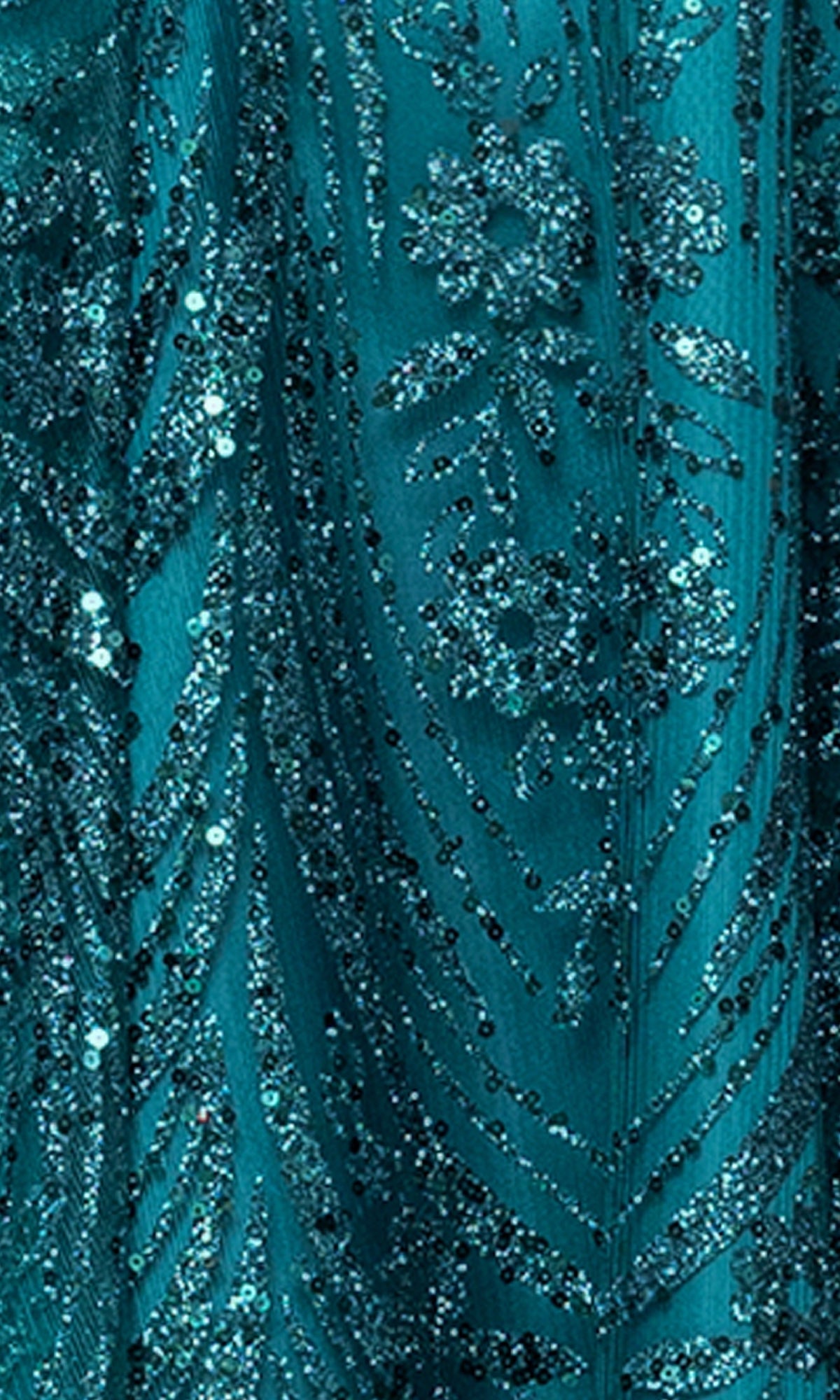 Close-up of teal fabric on the Blondie Nites 5713BN Cowl-Neck Short Hoco Dress, showcasing intricate beadwork and sequins in floral and geometric patterns.