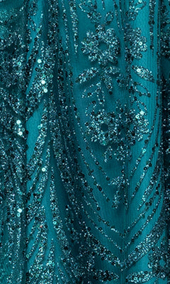 Close-up of teal fabric on the Blondie Nites 5713BN Cowl-Neck Short Hoco Dress, showcasing intricate beadwork and sequins in floral and geometric patterns.