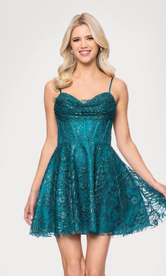 Smiling woman in the Cowl-Neck Short Hoco Dress: Blondie Nites 5713BN—teal, sleeveless, sequined, short with thin straps—stands against a plain white background.
