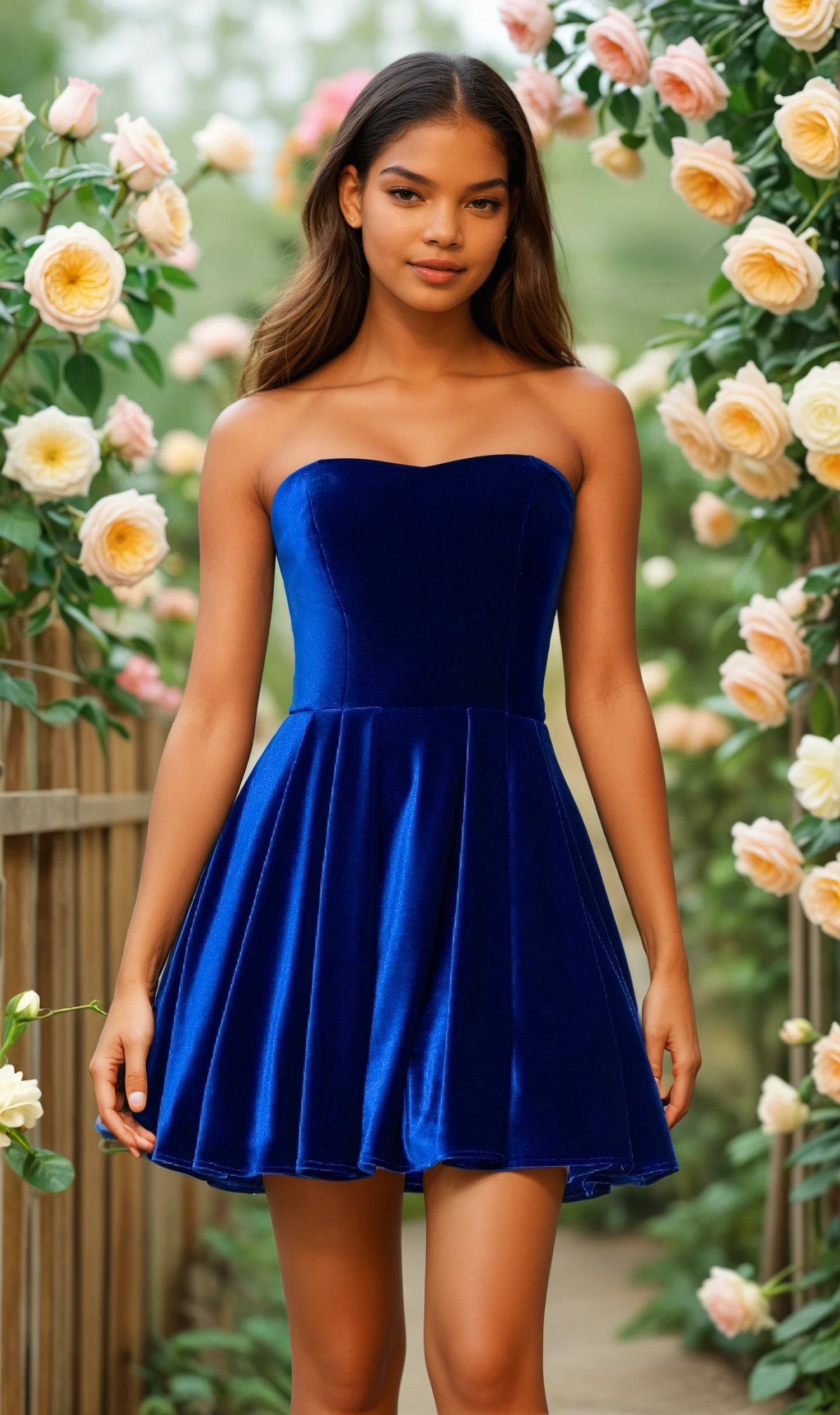 Woman wearing a blue strapless dress standing in front of floral bushes