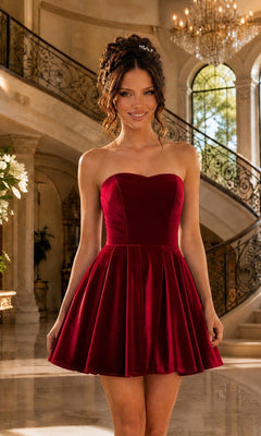 A woman wears the Short Velvet Hoco Dress: Blondie Nites 5718BN, standing indoors near a staircase with elegant decor and a chandelier in the background.