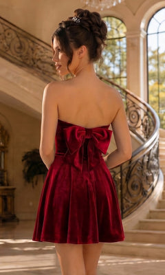 A woman with an updo wears the red Short Velvet Hoco Dress: Blondie Nites 5718BN, a strapless mini dress with a large back bow, standing indoors near a staircase.
