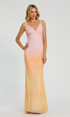 A woman models the Long Formal Dress 5763 by Mac Duggal—a sleeveless, floor-length ombre gown in pink, peach, and yellow with a chic cowl open back—against a plain light background.
