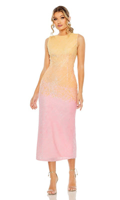 A woman models the Short Semi-Formal Dress 5772 by Mac Duggal, featuring a sleeveless yellow top and pink midi skirt, paired with strappy heels against a white background.