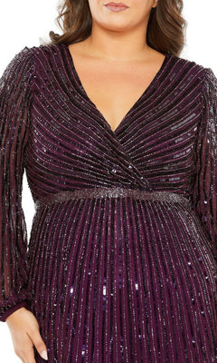 A person wearing the Long Plus-Size Formal Dress 5784 by Mac Duggal, in deep purple, featuring vertical sequined stripes and a flattering V-neckline.
