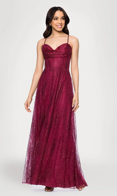 A woman stands against a plain light background wearing the Blondie Nites 5814BN long prom dress in wine, featuring glitter fabric, spaghetti straps, a fitted corset bodice, sleeveless style, and sweetheart neckline.