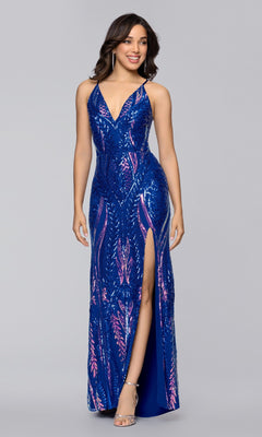 A woman models the Blondie Nites 5888BN long prom dress in royal blue with pink accents, shimmering sequins, a deep V-neckline, and a thigh-high slit, set against a plain gray background.