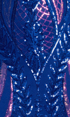 Close-up of the Blondie Nites 5888BN long prom dress in royal blue, featuring intricate blue and pink sequin embroidery with geometric and leaf-like patterns.