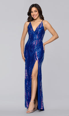 Long Royal Blue Prom Dress with Iridescent Sequins – PromGirl
