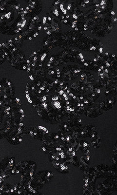 Close-up of black fabric with shiny black sequins in a swirling pattern, featured on the elegant Blondie Nites 5905BN long prom dress.