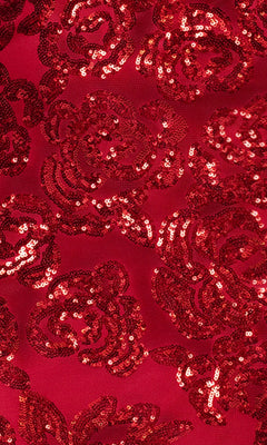 Close-up of the Long Prom Dress: Blondie Nites 5905BN in red, featuring shiny, sequined floral patterns.