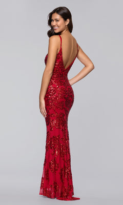 Woman wearing the Blondie Nites 5905BN long sleeveless red sequin prom dress with a low back, posing and smiling over her shoulder against a plain gray background.