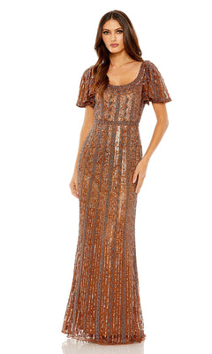 A woman wearing the Mac Duggal 5914 long formal dress in copper, featuring short sleeves, a scoop neckline, and floor-length vertical sequin stripes, stands against a white background.