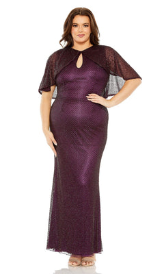 A woman models the Long Plus-Size Prom Dress 5948 by Mac Duggal, a floor-length amethyst purple gown featuring short sleeves and a keyhole neckline, as she stands facing forward with one hand on her hip.