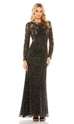 A woman stands against a white background wearing the Mac Duggal 5956 Gold-Beaded Black Formal Gown, featuring long sleeves, gold embellishments, and a fitted silhouette.