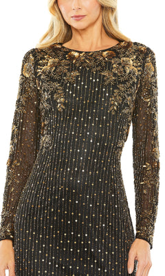 A woman wearing the Gold-Beaded Black Formal Gown: Mac Duggal 5956, featuring intricate gold floral embroidery and vertical beaded embellishments.