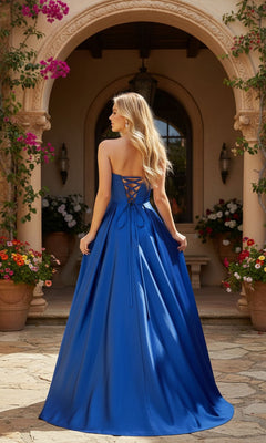 A woman with long blonde hair wears the Blondie Nites 5966BN strapless satin prom dress with a lace-up back, standing outside by an arched doorway and potted flowers.