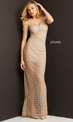 A woman in the Long Prom Dress by Jovani 05997—featuring nude fabric, crystal embellishments, and an open back—stands against a dark background with "Jovani" beside her.
