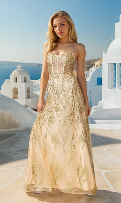 Sheer-Corset Long Prom Dress with Glitter Print– PromGirl