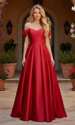 A woman stands outdoors in a stunning red Blondie Nites 6019BN long prom dress with an off-the-shoulder neckline and flowing floor-length skirt, framed by potted plants and an arched doorway in the background.