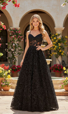 A woman wears the Long Prom Dress: Blondie Nites 6056BN in black, featuring a sleeveless lace design with a subtle corset bodice, as she stands outdoors in a garden courtyard with arched doorways and blooming flowers.