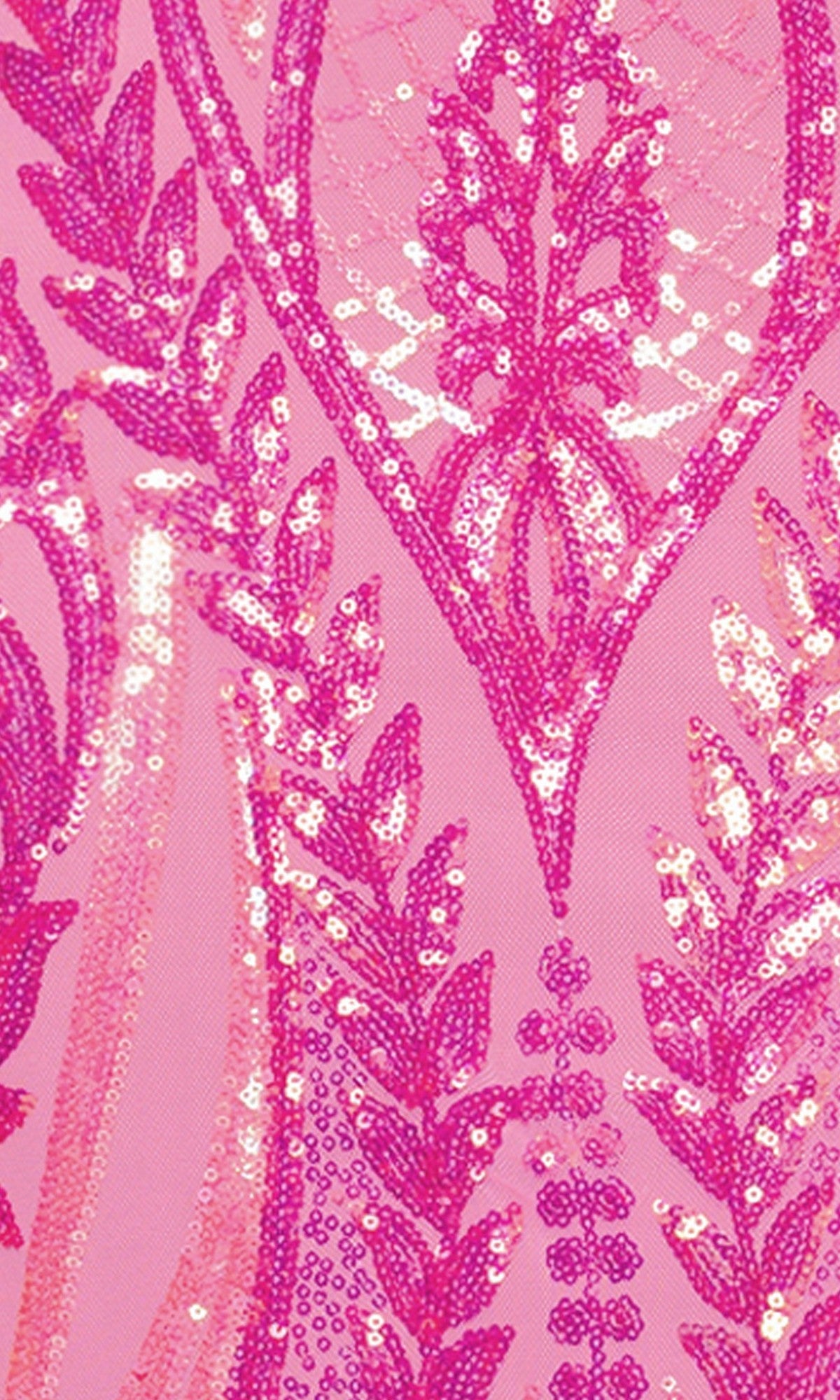 Close-up of the Blondie Nites 6085BN long prom dress in hot pink, showcasing fabric adorned with shiny sequins and beads forming symmetrical, leaf-like patterns.