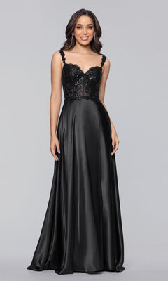 A woman wears the Blondie Nites 6088BN Long Prom Dress, featuring an elegant A-line satin design with a sequin-embellished bodice, sweetheart neckline, and a flowing skirt.