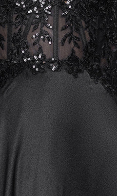Close-up of the Blondie Nites 6088BN long prom dress featuring an A-line satin skirt and a mesh bodice adorned with lace and sequin floral detailing.