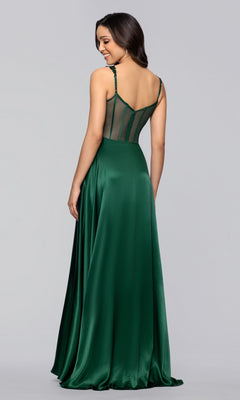 Model wears the Blondie Nites 6088BN long prom dress featuring an A-line satin skirt, sequin-embellished bodice, and sheer corset-style back, posing with her back to the camera against a plain background.