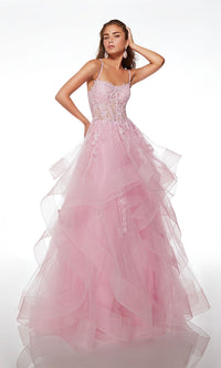 Alyce Lace-Bodice Long Tiered Prom Dress 61094