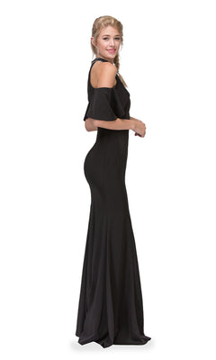 Woman standing in profile against a white background, wearing the Eureka 6110 cold-shoulder long formal dress in black, featuring a high neck, off-the-shoulder sleeves, and an elegantly fitted silhouette.