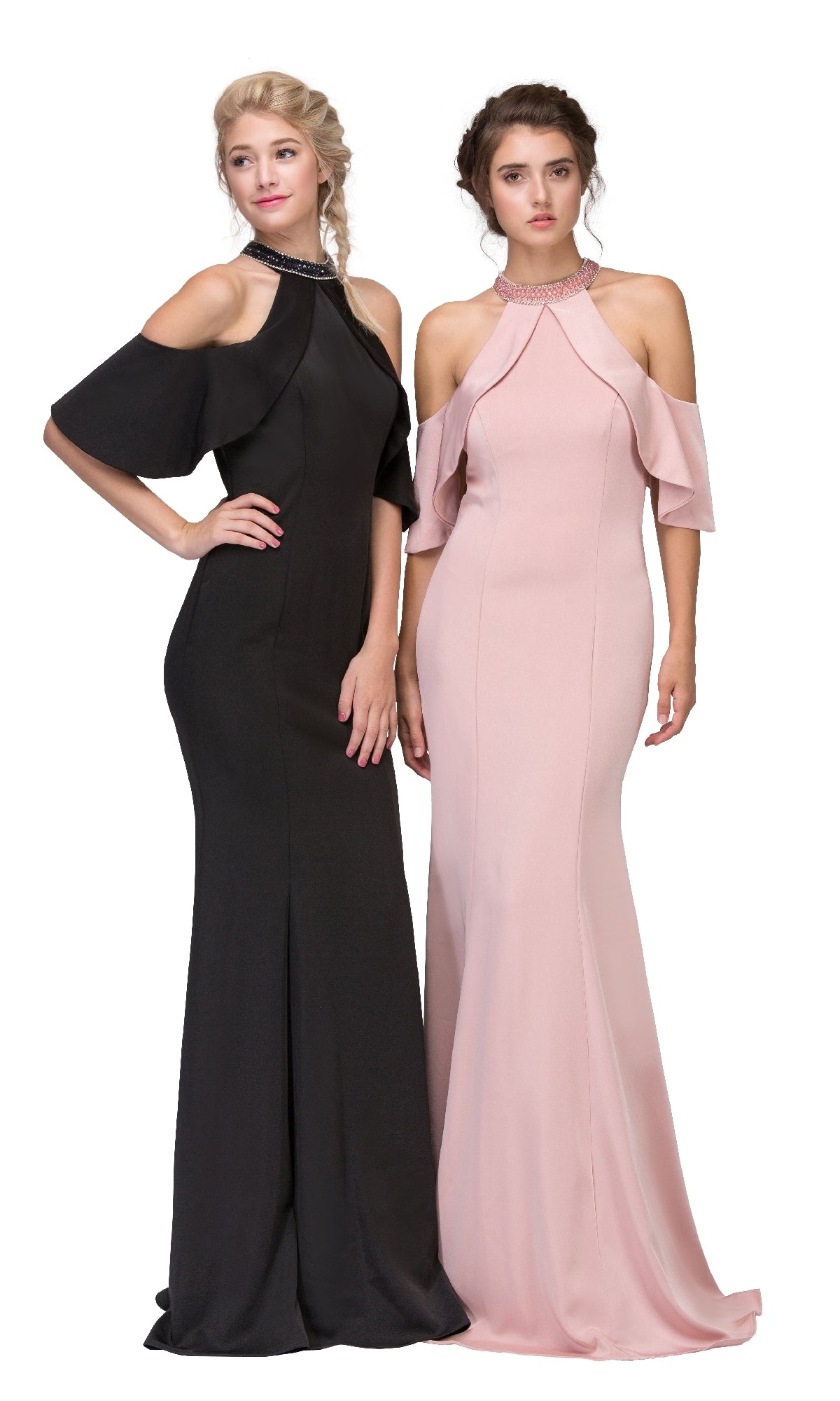 Two women wear Eureka 6110 Cold-Shoulder Long Formal Dresses with high necks and fitted, floor-length silhouettes—one in black, the other in blush pink—ideal for any special occasion.