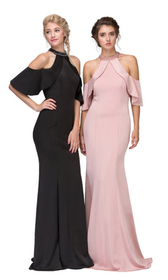 Two women wear Eureka 6110 Cold-Shoulder Long Formal Dresses with high necks and fitted, floor-length silhouettes—one in black, the other in blush pink—ideal for any special occasion.