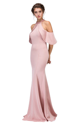 A woman models the Eureka 6110, a floor-length, light pink cold-shoulder long formal dress with a high neckline, standing against a plain white background.