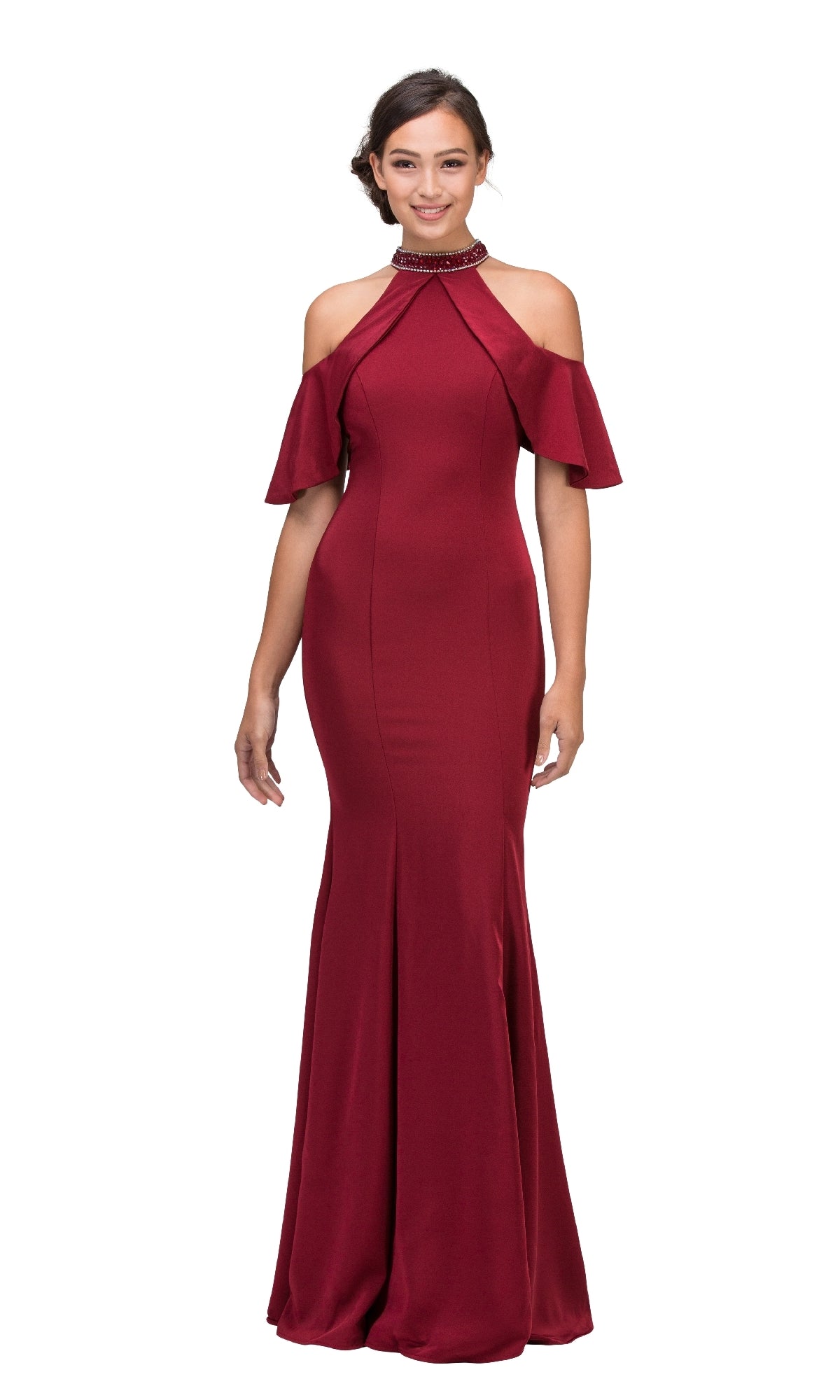 A woman in the Eureka 6110 cold-shoulder long formal dress—floor-length, burgundy, high-neck with flared sleeves and an embellished halter neckline—stands against a white background.