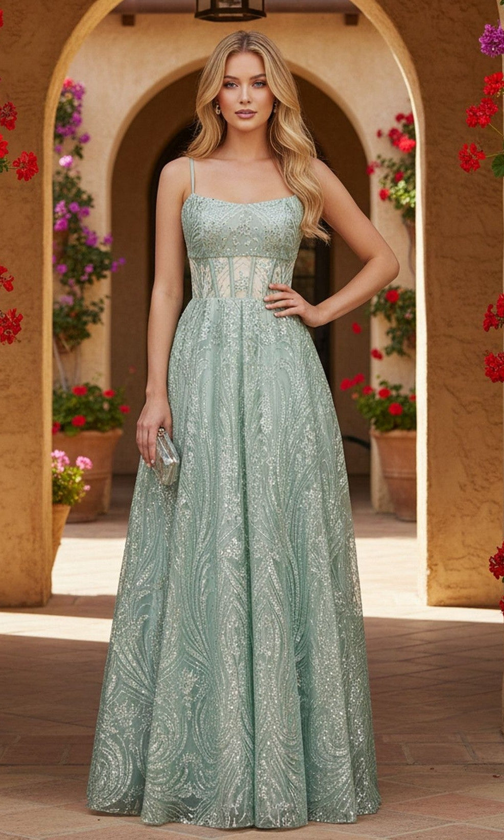 Long Sage Green Glitter Prom Dress with Side Pockets Sage / 5 Long Sage Green Glitter Prom Dress with Side Pockets Sage / 5