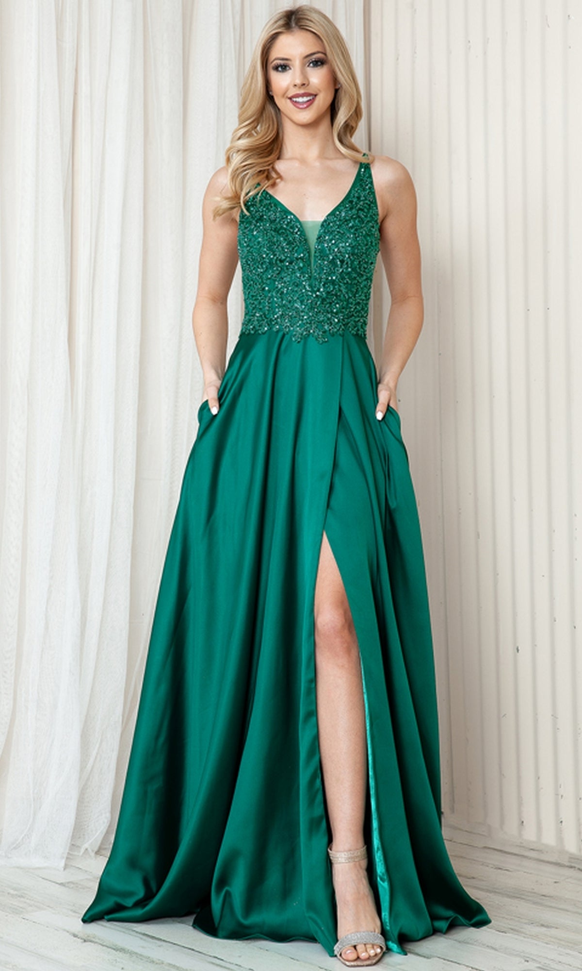 A-Line Long Satin Prom Dress with Pockets 6120