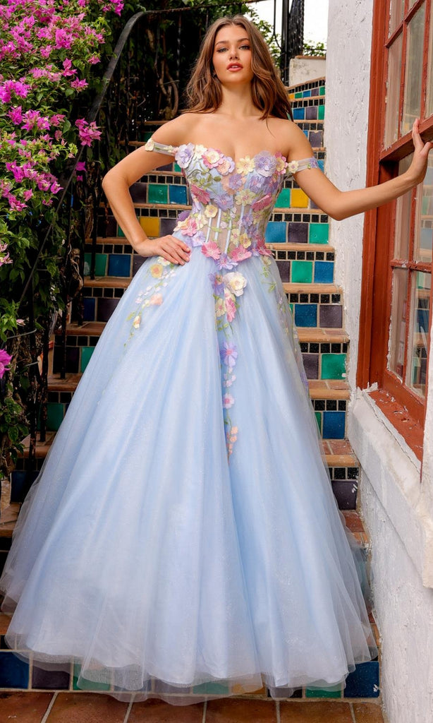 prom fantasy dresses Rachel Allan 70630 Long Formal Dress with Detachable Sleeves Corset Back Design Long Sleeve Flower Prom Dress