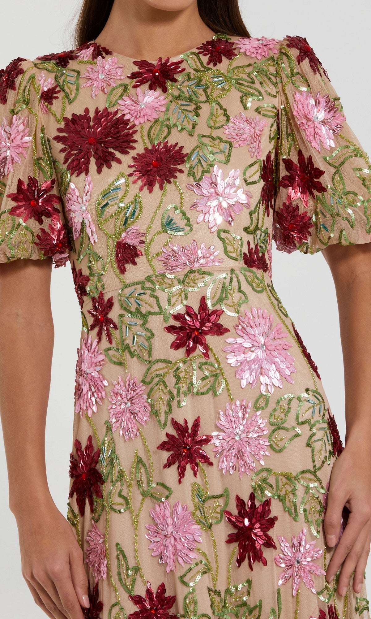 floral embroidered bell sleeve sheath dress in blush multi Navy Crepe 3/4 Sleeve A-line Gown With Flower Trim