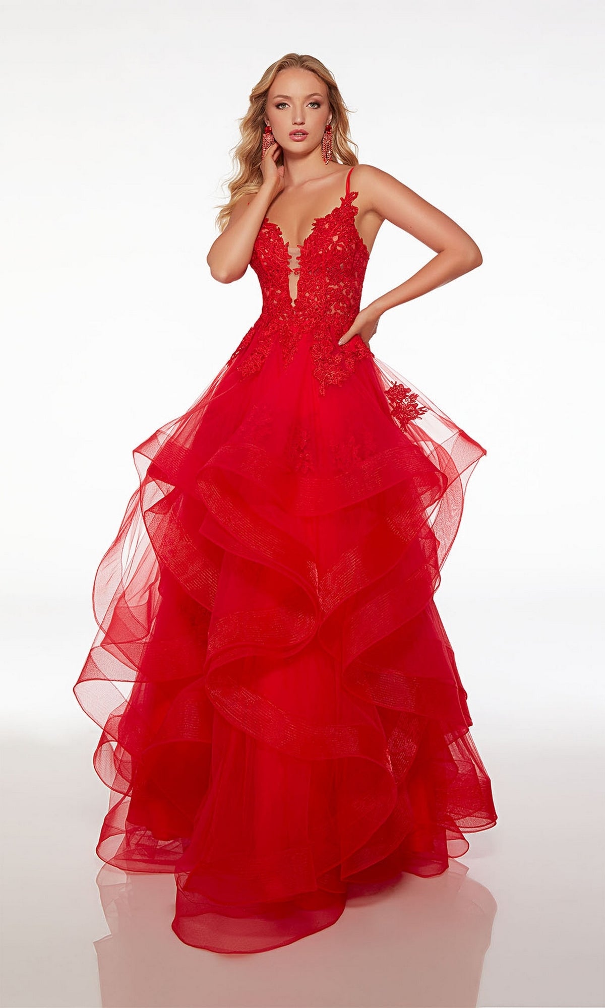 Alyce Lace-Bodice Long Red Tiered Prom Dress 61476
