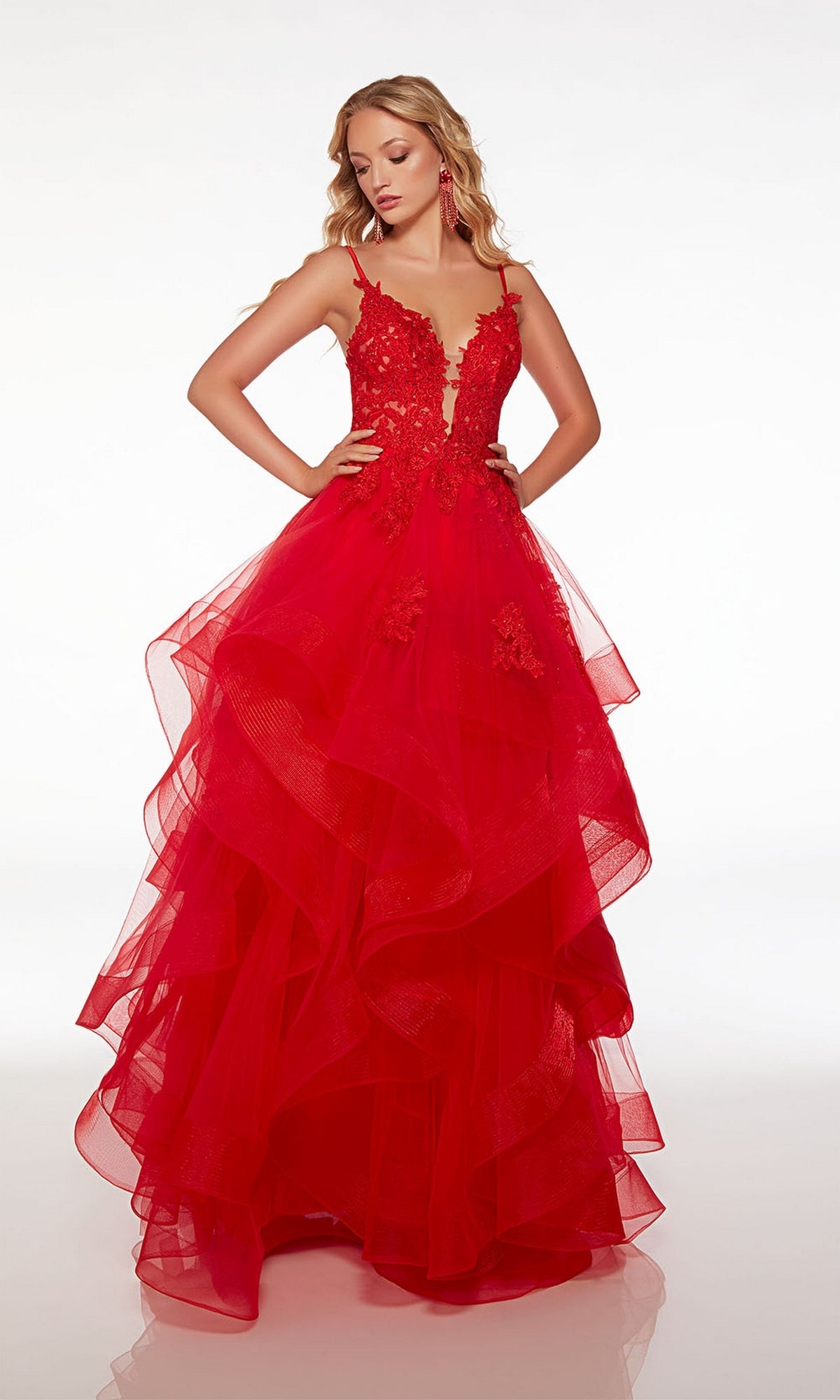 Alyce Lace-Bodice Long Red Tiered Prom Dress 61476