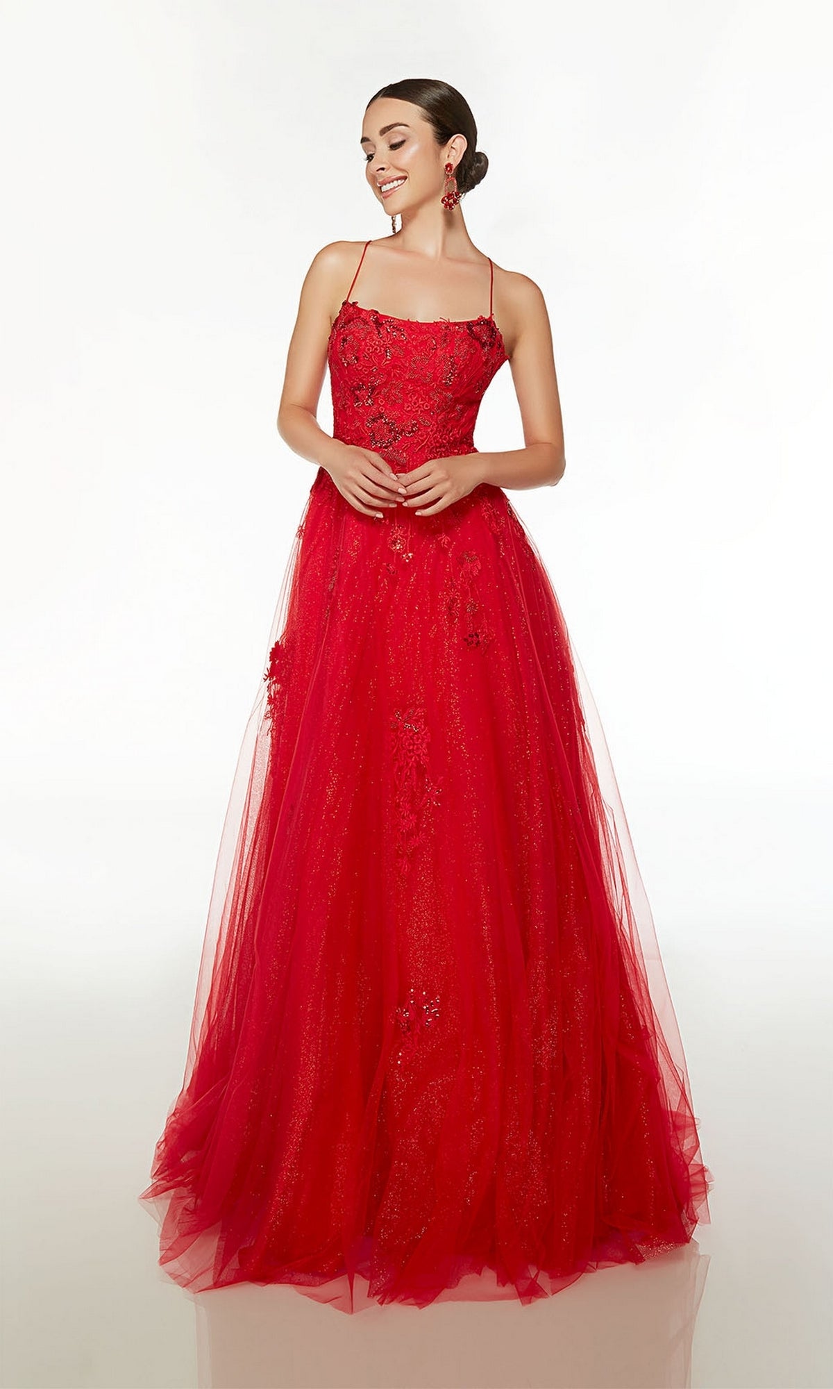 Alyce Glitter-Tulle Long Red Prom Dress 61479