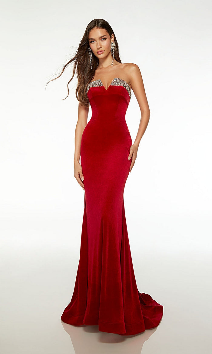 Alyce Long Red Velvet Strapless Prom Dress 61487
