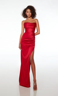 Long Red Satin Strapless Formal Dress PromGirl