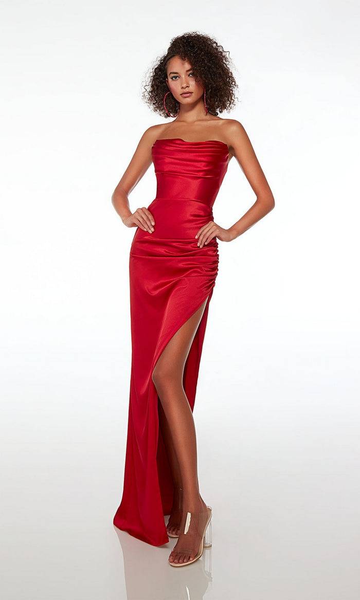 Alyce Strapless Long Red Satin Formal Dress 61492