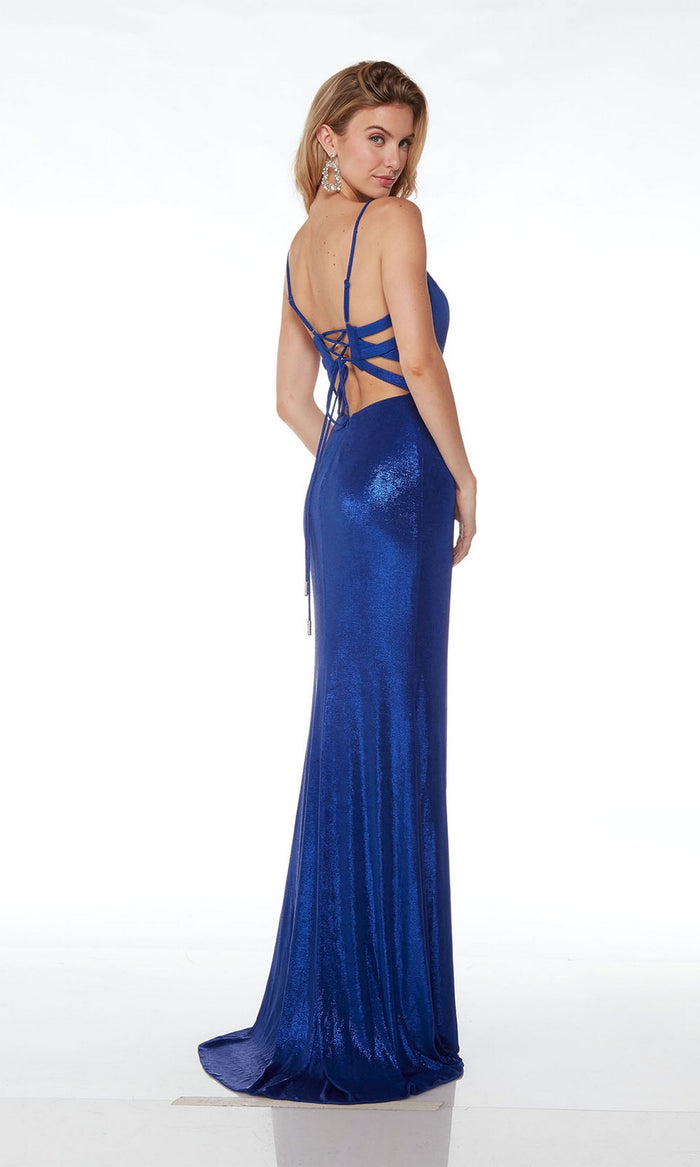 Alyce Deep V-Neck Long Metallic Prom Dress 61499