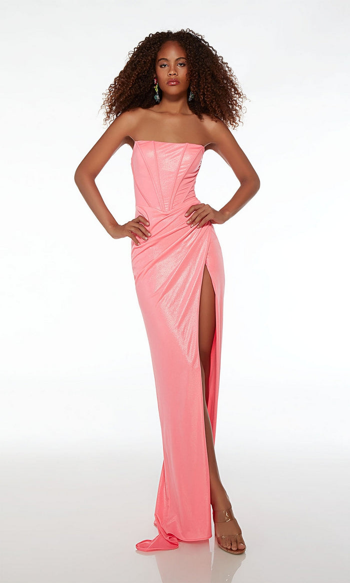 Alyce Neon Pink Metallic Long Prom Dress 61512