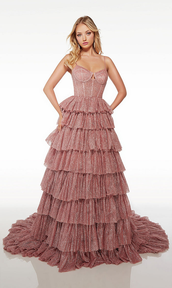 Alyce Long Pink Glitter Ruffled Prom Dress 61526