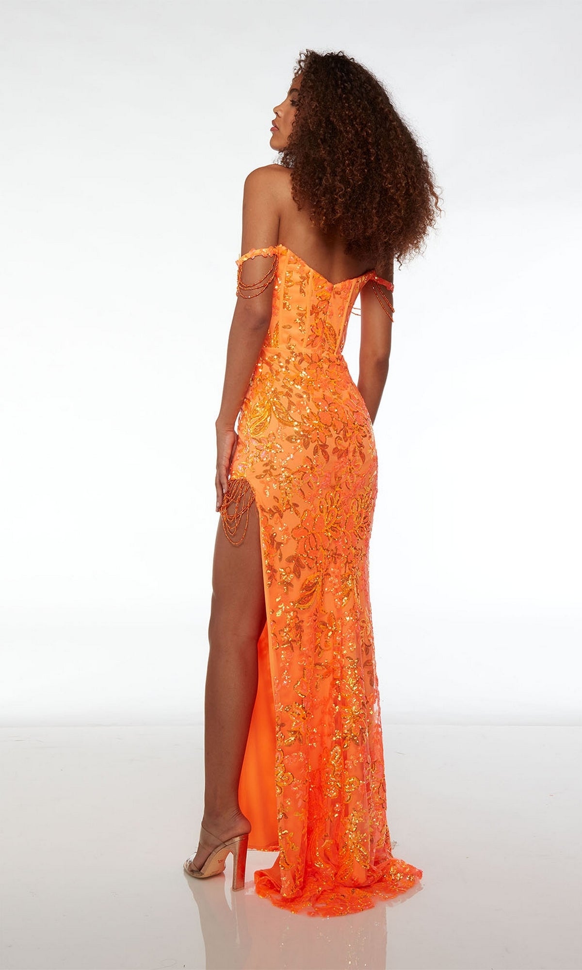 Bright Orange Sequin-Print Long Prom Dress 61550